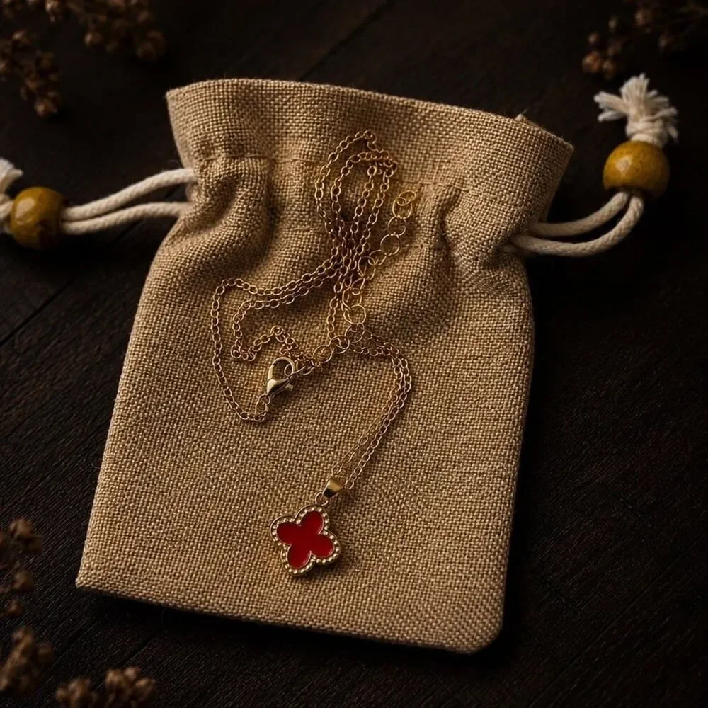 Red Clover Pendant Necklace Gold Tone Minimalist Necklace